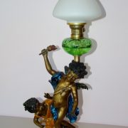 Bronze Figural Oil Lamp, green glass font, rare Matins Patent burner