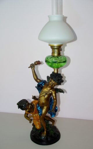 Bronze Figural Oil Lamp, green glass font, rare Matins Patent burner