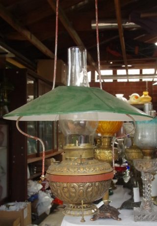 Brass Store Lamps with Galvanised Shade SOLD