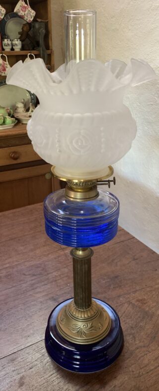 Victorian Clear Glass Font Oil Lamp, brass column, vintage shade
