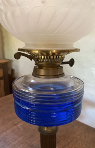 Victorian Clear Glass Font Oil Lamp, brass column, vintage shade - Image 3