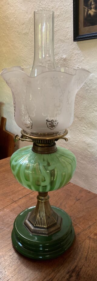 Victorian Green Vaseline font oil lamp, matching green base