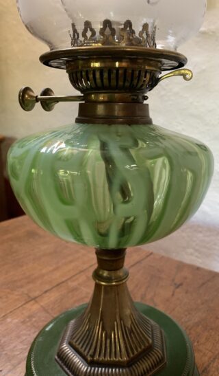 Victorian Green Vaseline font oil lamp, matching green base - Image 3