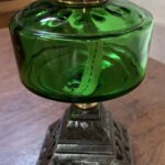 Victorian vivid green glass font, oil lamp c1900, cast iron base, crimp top chimney - Image 2