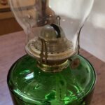 Victorian vivid green glass font, oil lamp c1900, cast iron base, crimp top chimney - Image 3