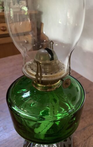 Victorian vivid green glass font, oil lamp c1900, cast iron base, crimp top chimney - Image 3