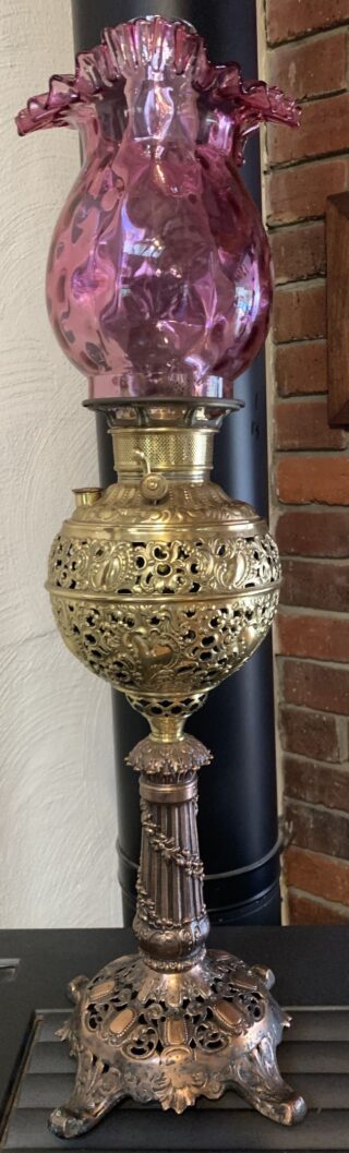 Miller Banquet Lamp c1895 pierced brass holder Cranberry Fenton shade SOLD