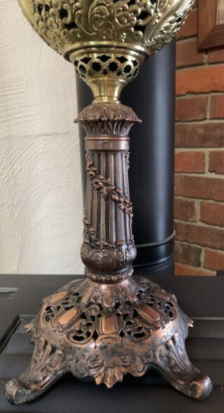 Miller Banquet Lamp c1895 pierced brass holder Cranberry Fenton shade SOLD - Image 2