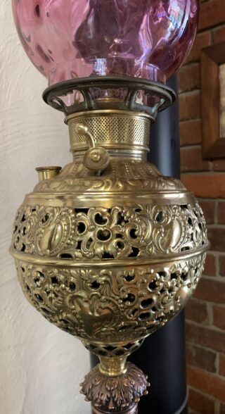 Miller Banquet Lamp c1895 pierced brass holder Cranberry Fenton shade SOLD - Image 3