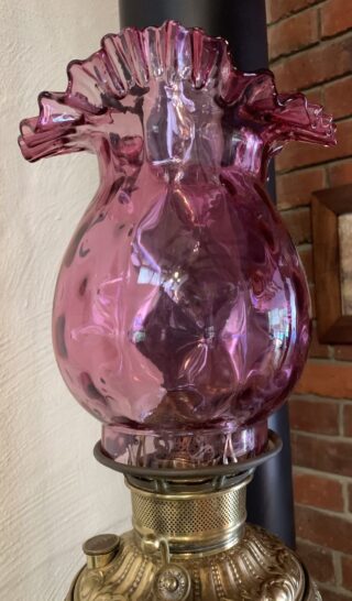 Miller Banquet Lamp c1895 pierced brass holder Cranberry Fenton shade SOLD - Image 4