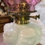 c1900 Banquet Oil Lamp, brass base and column, embossed opal font - Image 4