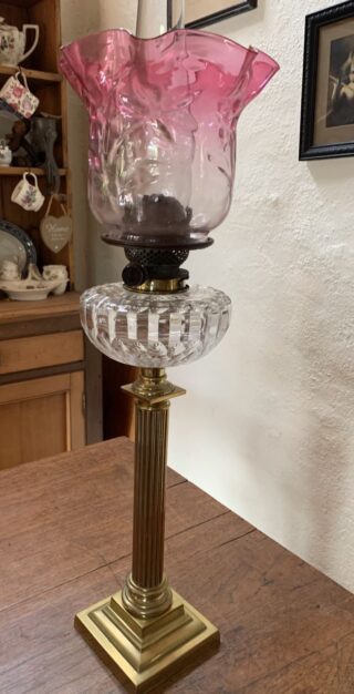 Hinks and Sons marked lamp c1895 cranberry tulip shade