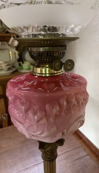 Victorian Boy Flower Seller Oil Lamp, pink to cranberry embossed vaseline glass font - Image 2