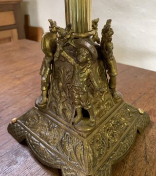 Victorian Boy Flower Seller Oil Lamp, pink to cranberry embossed vaseline glass font - Image 3