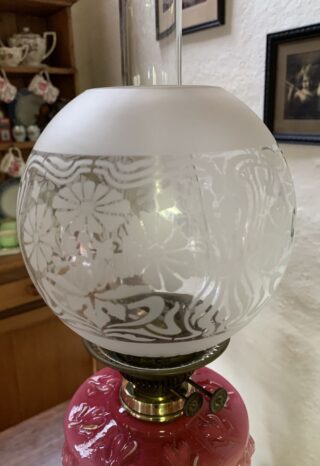 Victorian Boy Flower Seller Oil Lamp, pink to cranberry embossed vaseline glass font - Image 5