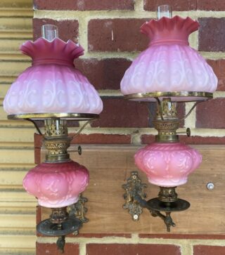 Victorian Cranberry Piano/Peg Oil Lamps pair on matching sconces