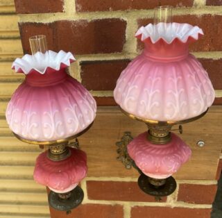 Victorian Cranberry Piano/Peg Oil Lamps pair on matching sconces - Image 2