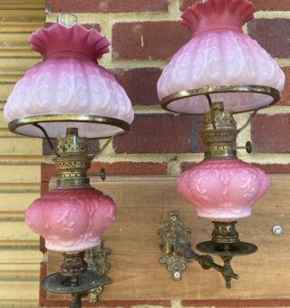 Victorian Cranberry Piano/Peg Oil Lamps pair on matching sconces - Image 3