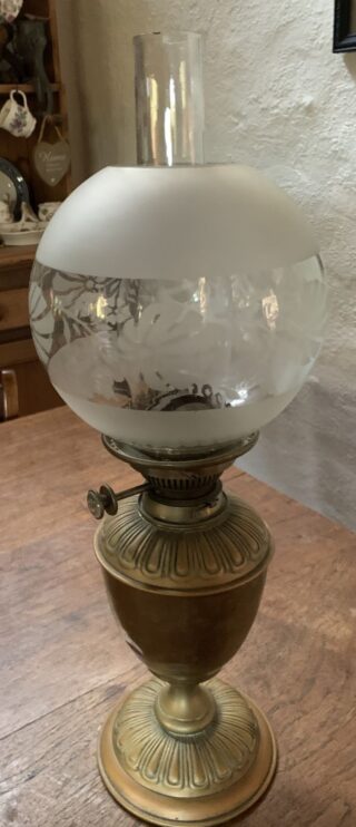 Hinks oil lamp c1895, patented No. 2 duplex rise and fall burner, original chimney