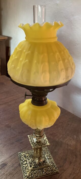 Peg Piano Cased Yellow Oil Lamp with matching ruffled cased shade