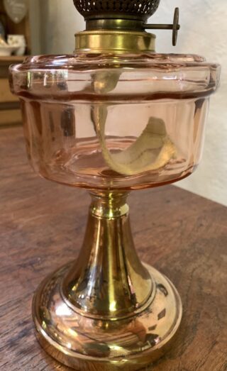 Pink/Peach oil lamp marked B.M. Lamp on base - Image 2