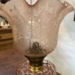 Pink/Peach oil lamp marked B.M. Lamp on base - Image 3