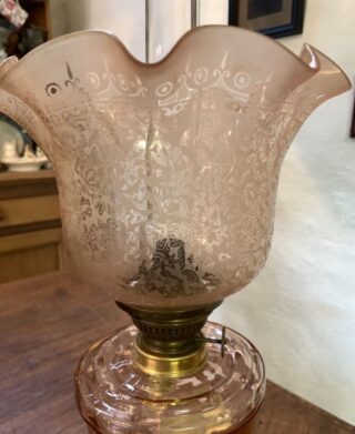Pink/Peach oil lamp marked B.M. Lamp on base - Image 3