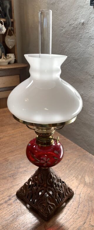 Victorian Ruby Floral font hand painted oil lamp