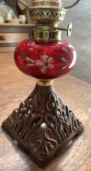 Victorian Ruby Floral font hand painted oil lamp - Image 2