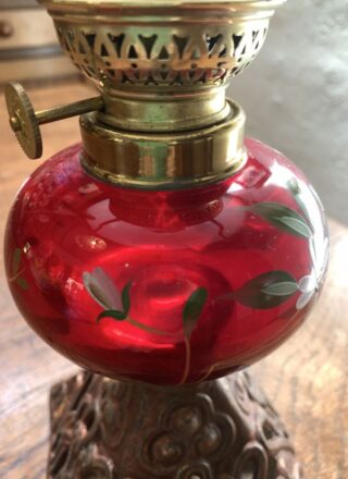 Victorian Ruby Floral font hand painted oil lamp - Image 3