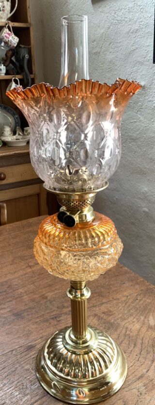 Victorian lamp fluted brass base embossed glass font bright orange to almost clear