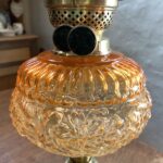 Victorian lamp fluted brass base embossed glass font bright orange to almost clear - Image 2
