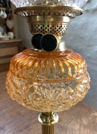 Victorian lamp fluted brass base embossed glass font bright orange to almost clear - Image 2