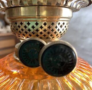Victorian lamp fluted brass base embossed glass font bright orange to almost clear - Image 3
