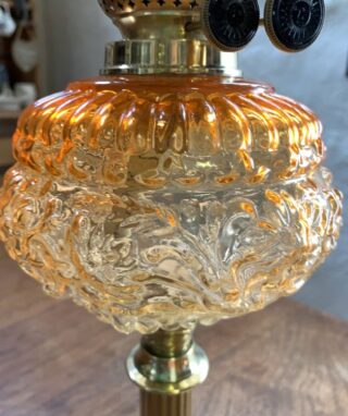 Victorian lamp fluted brass base embossed glass font bright orange to almost clear - Image 6