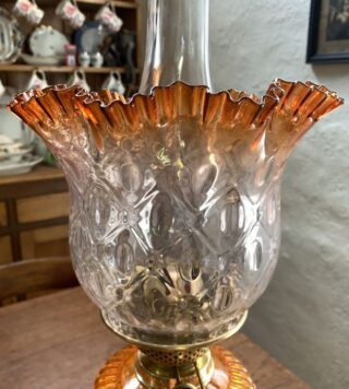 Victorian lamp fluted brass base embossed glass font bright orange to almost clear - Image 7