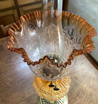 Victorian lamp fluted brass base embossed glass font bright orange to almost clear - Image 8