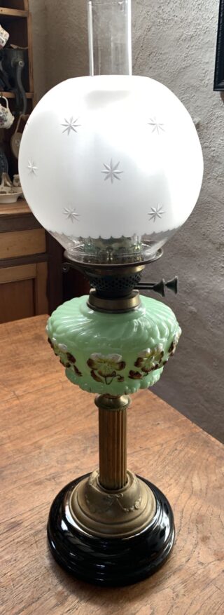 Victorian Embossed Floral glass font, fluted brass column, British burner