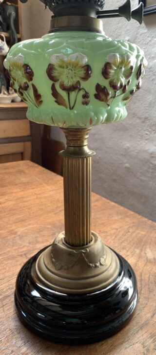 Victorian Embossed Floral glass font, fluted brass column, British burner - Image 2