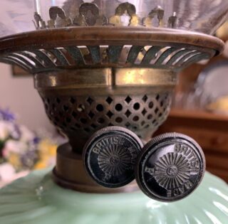 Victorian Embossed Floral glass font, fluted brass column, British burner - Image 5