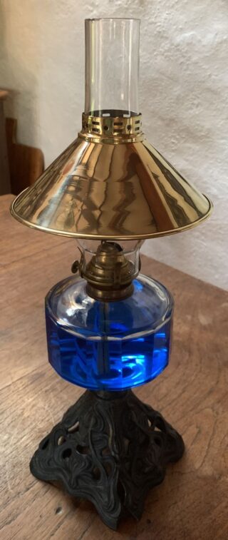 Victorian facet cut glass font, brass chimney shade