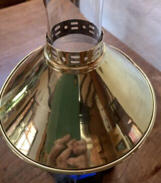 Victorian facet cut glass font, brass chimney shade - Image 5