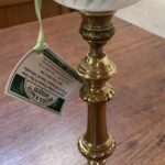 Candlestick Brass Oil Lamp, Victorian swirled glass font, satin glass shade - Image 2