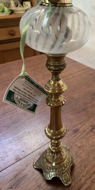 Candlestick Brass Oil Lamp, Victorian swirled glass font, satin glass shade - Image 2