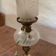 Candlestick Brass Oil Lamp, Victorian swirled glass font, satin glass shade