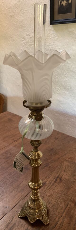 Candlestick Brass Oil Lamp, Victorian swirled glass font, satin glass shade