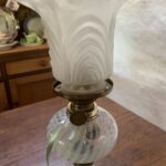 Candlestick Brass Oil Lamp, Victorian swirled glass font, satin glass shade - Image 3