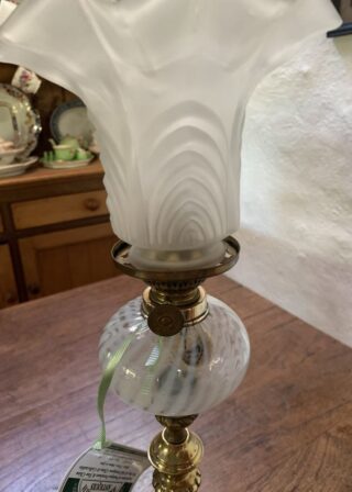 Candlestick Brass Oil Lamp, Victorian swirled glass font, satin glass shade - Image 3