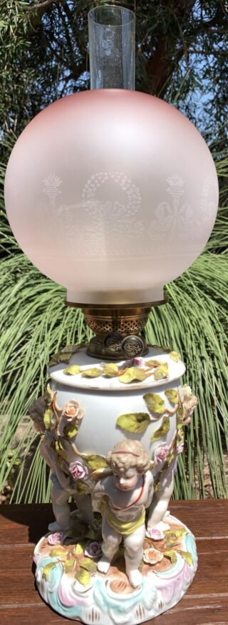 German Sitzendorf Cherub oil lamp c1889