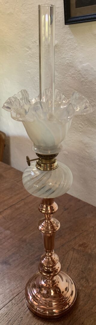 Copper Candlestick oil lamp, swirled glass font matching opalescent shade